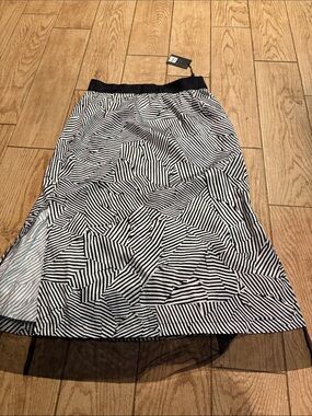 Black & White Striped Geometric Midi Skirt with Mesh Hem